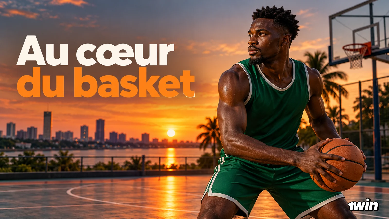 Joueur tenant un ballon de basketball au coucher du soleil.
