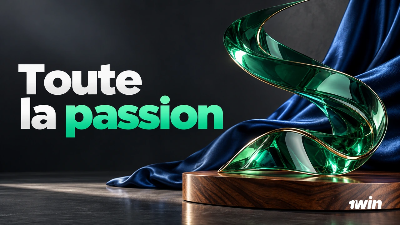 Sculpture de verre vert devant un tissu bleu avec le logo 1win